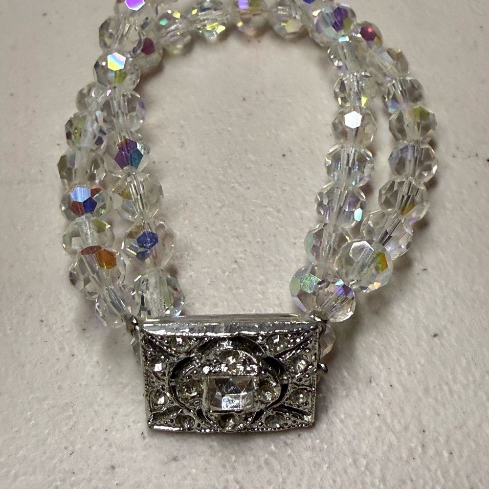 Vintage Crystal Aurora Borealis Beaded Bracelet with Silver Clasp Iridescent